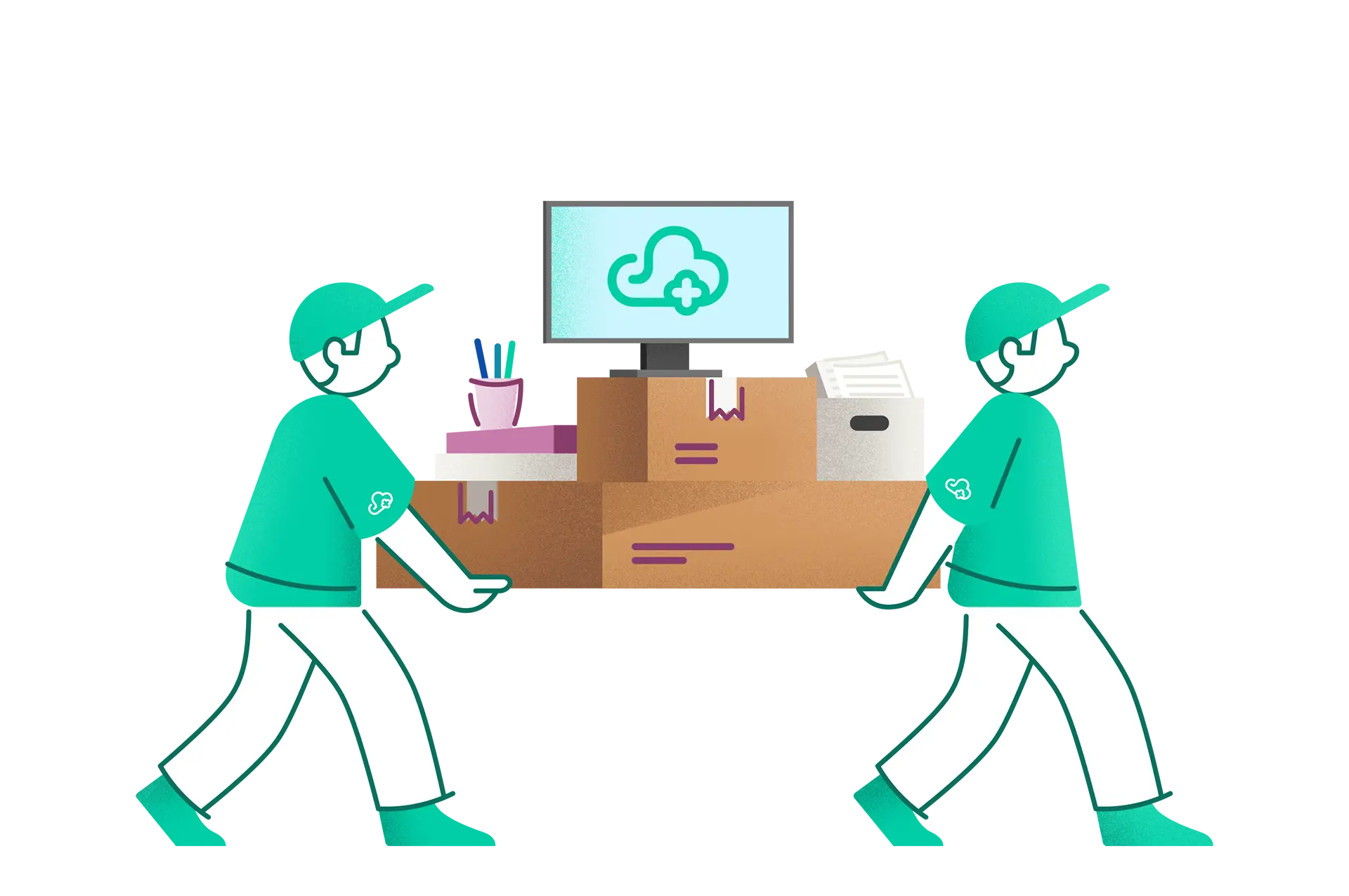 Illustration of people moving software.