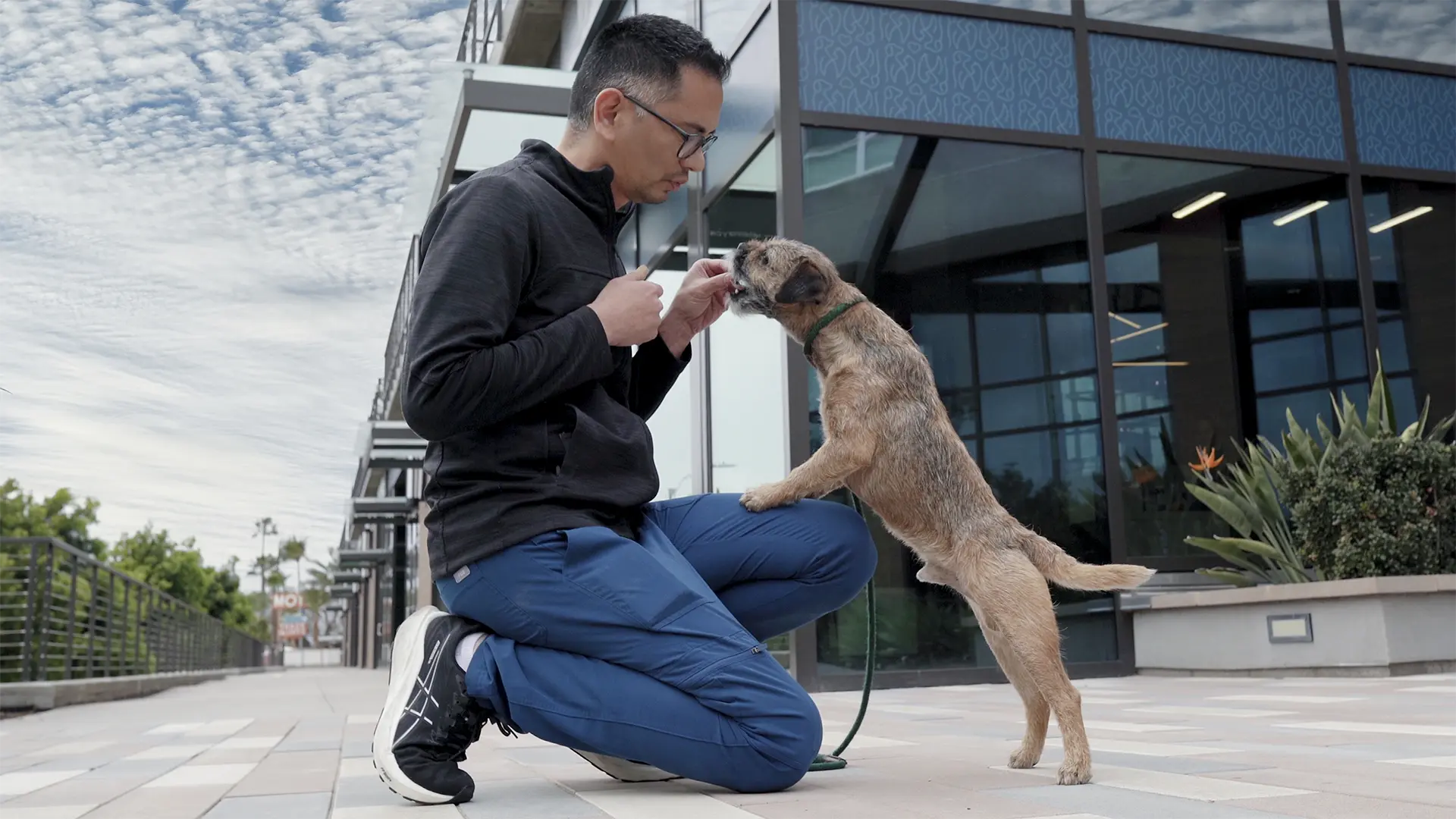 Practice owner giving dog a treat outside veterinary practice