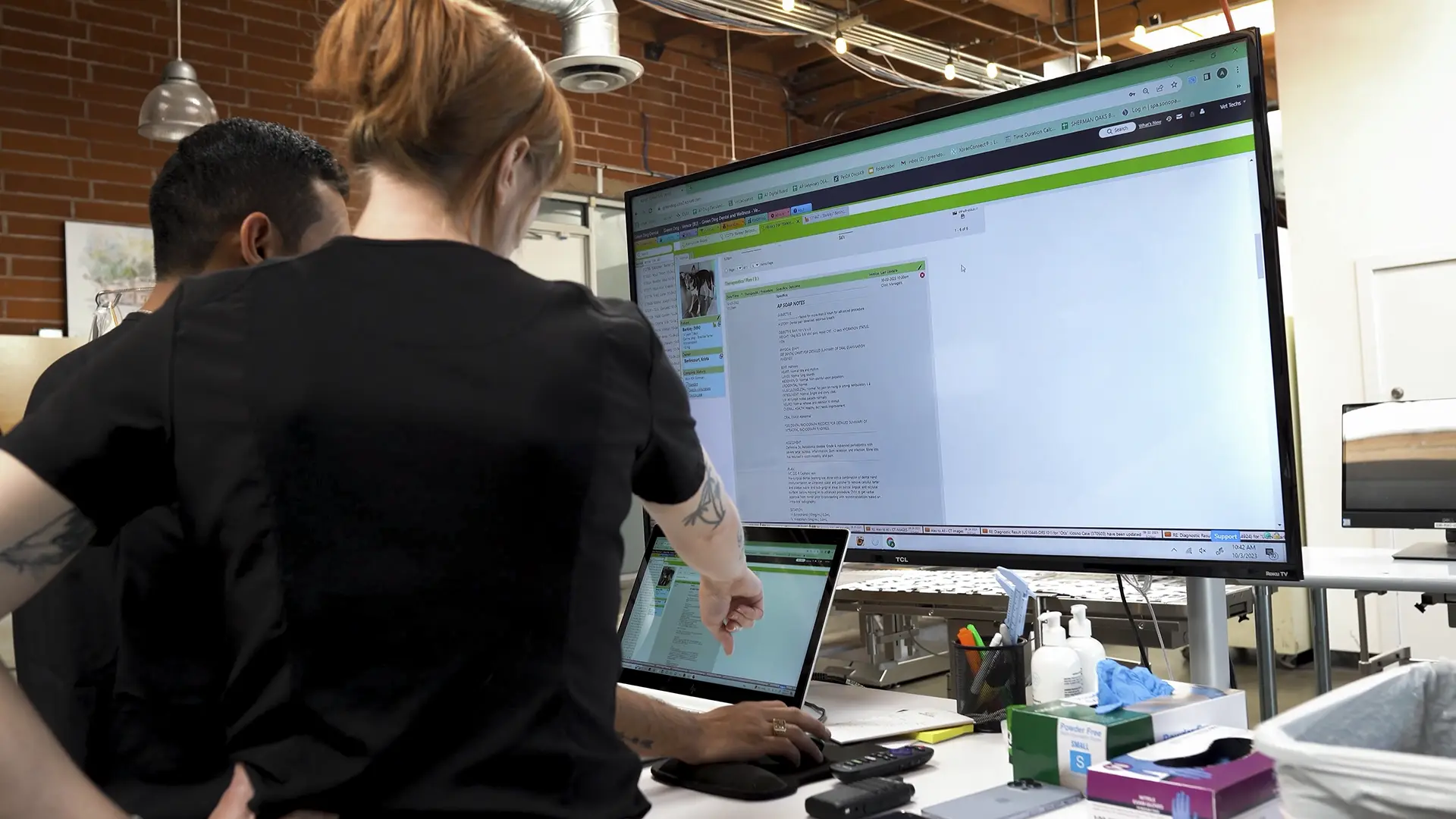 Front desk veterinary staff pointing at ezyVet UI