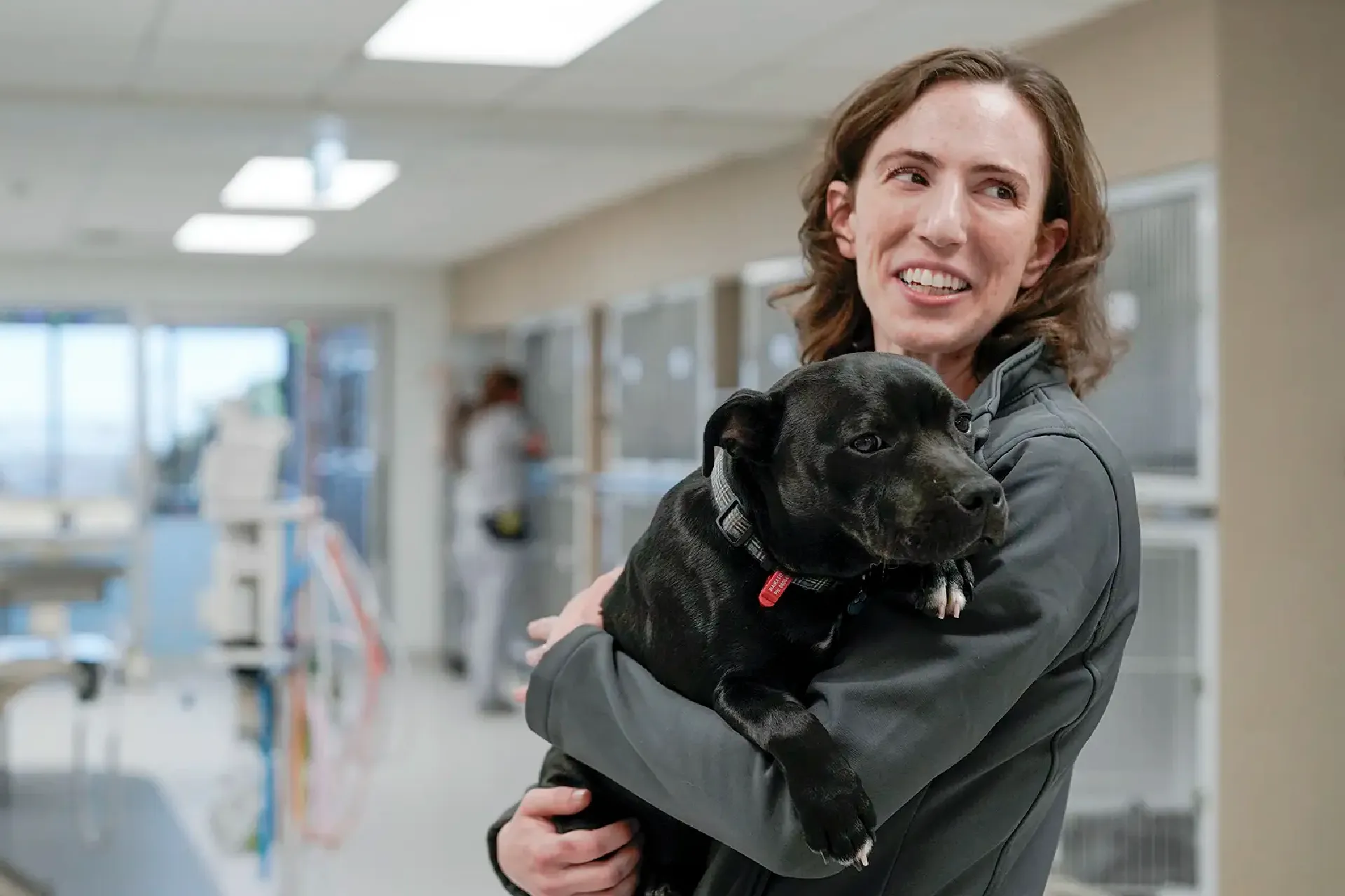 Vet tech holding black dog